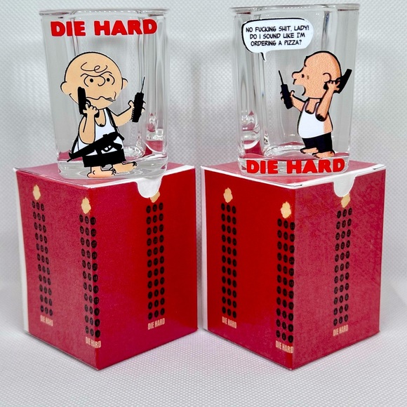 Peanuts Charlie Brown/Die Hard Mashup Shot Glass/Gift Box Set of 2 - Picture 1 of 2